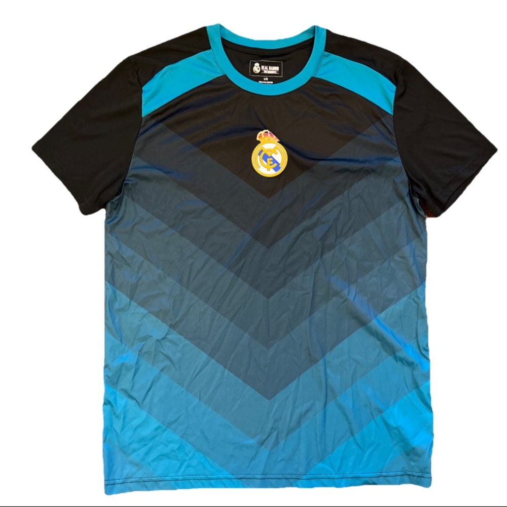 HKY Sportwear Real Madrid Soccer Jersey Tee Black Teal Blue Chevron Print Size L